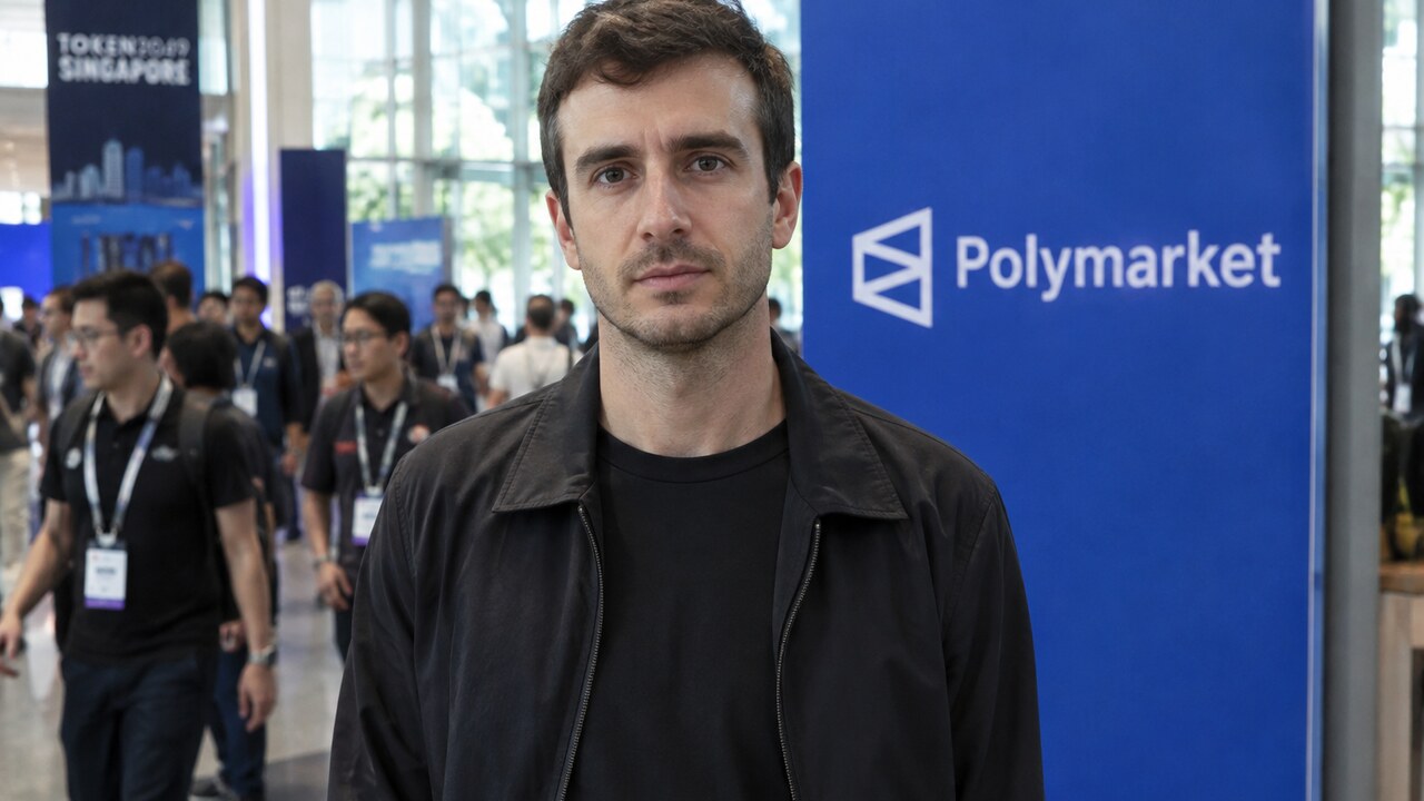 Polymarket-CEO Shayne Coplan in een conferentiehal met een groot Polymarket-logo op de achtergrond