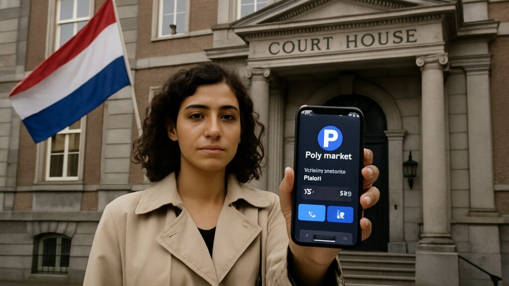 Vrouw met smartphone met Polymarket-app op de trappen van een Nederlands gerechtsgebouw