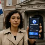 Vrouw met smartphone met Polymarket-app op de trappen van een Nederlands gerechtsgebouw