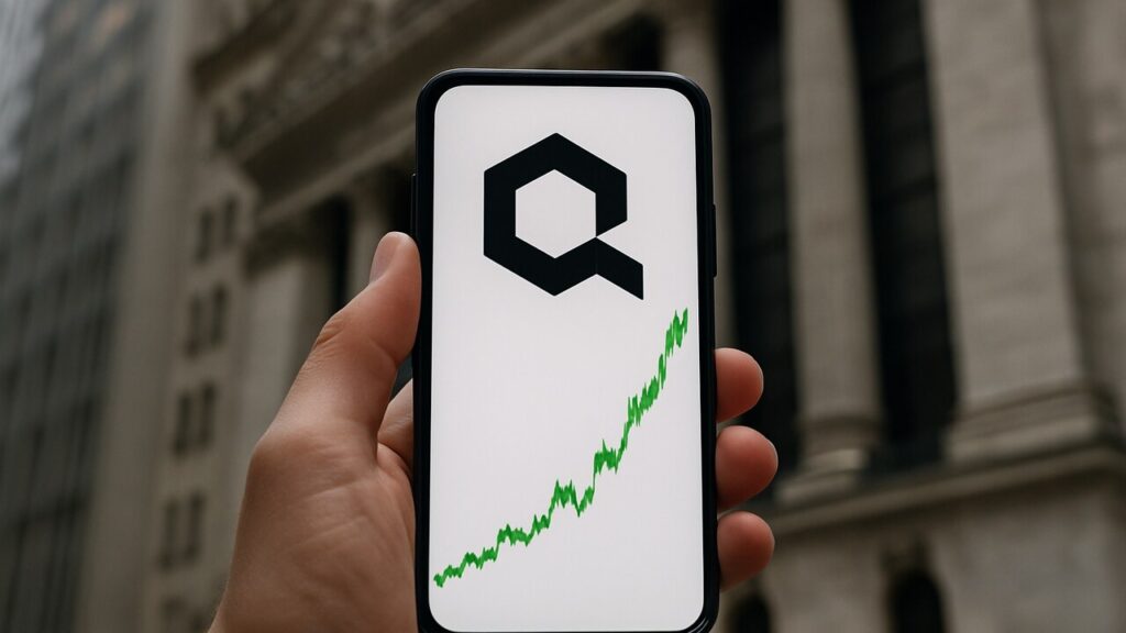 Hand houdt smartphone met stijgende Quant-koersgrafiek voor een bankgebouw in New York