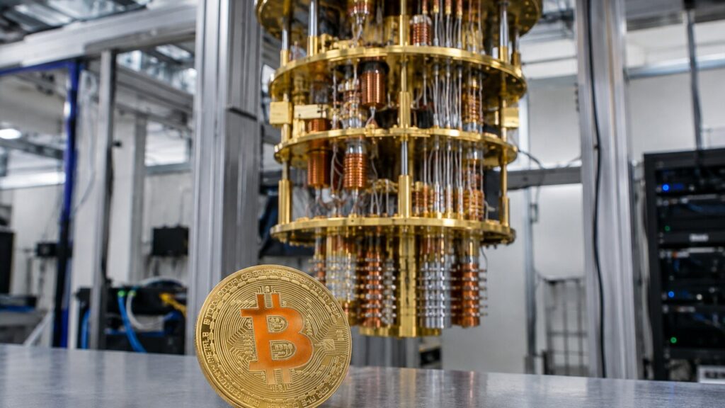 Close-up van de gouden kern van een quantumcomputer in een lab, met op de voorgrond een fysieke Bitcoin-munt op een werkbank