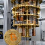 Close-up van de gouden kern van een quantumcomputer in een lab, met op de voorgrond een fysieke Bitcoin-munt op een werkbank
