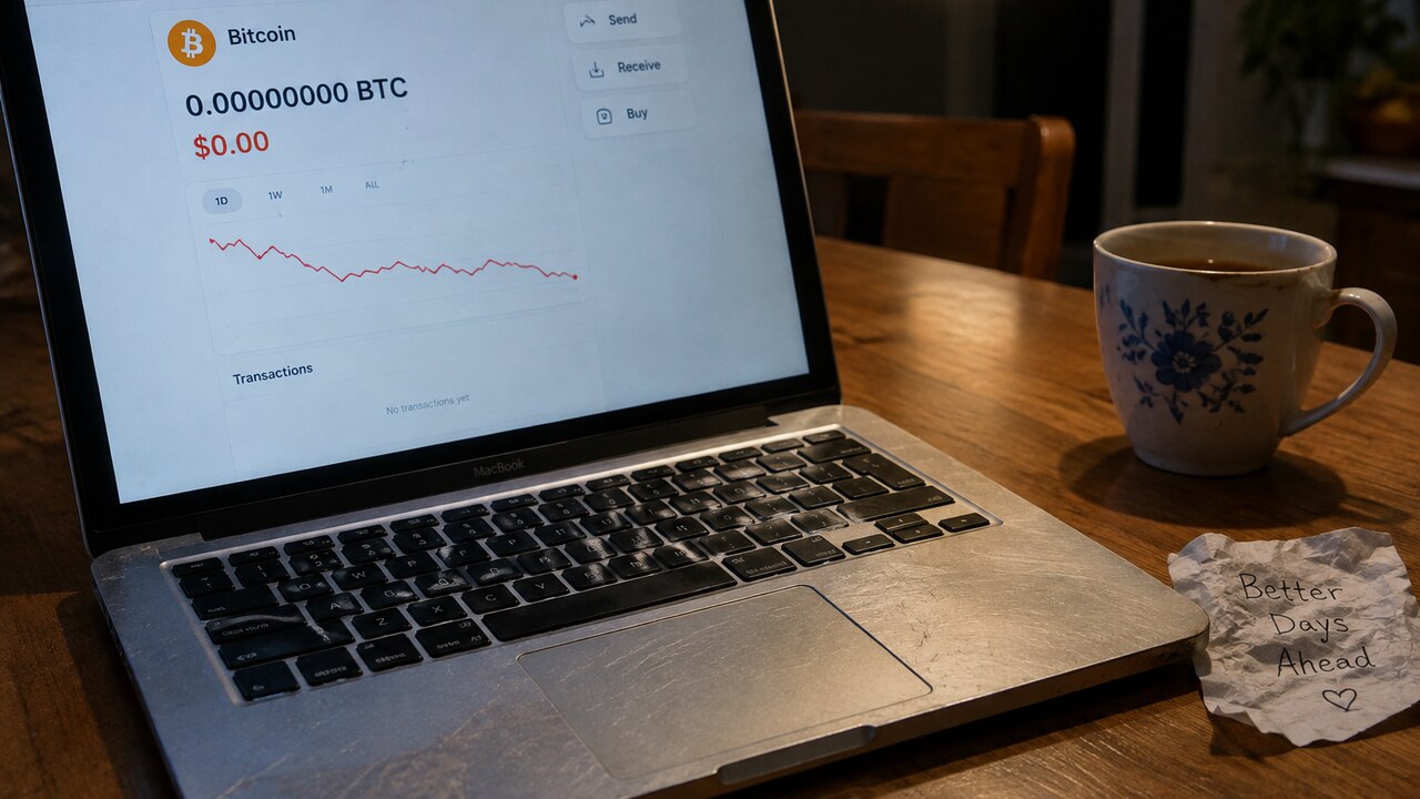 Oude Apple-laptop op een keukentafel met op het scherm een wallet met een rood nulsaldo