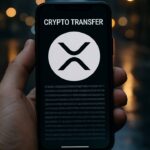 Hand met smartphone op straat waarop een melding van een grote XRP-overboeking met XRP-logo te zien is