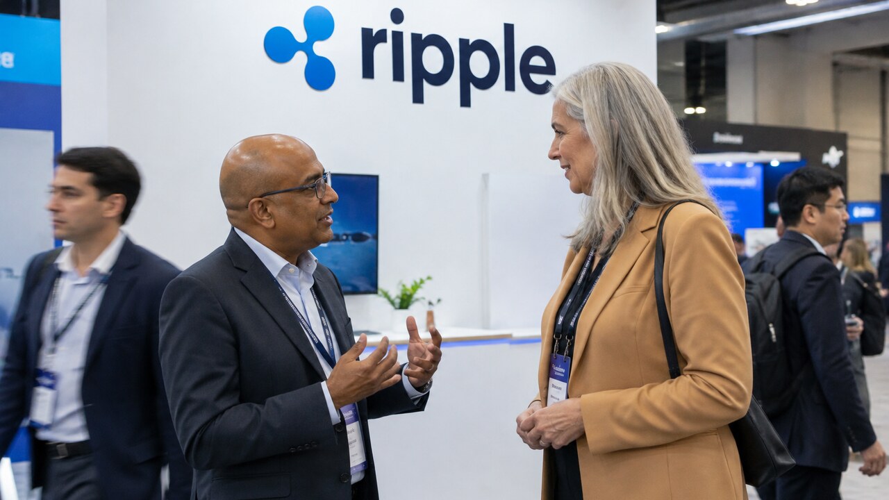 Stand met een groot Ripple-logo op een fintechbeurs, met twee bezoekers in gesprek op de voorgrond