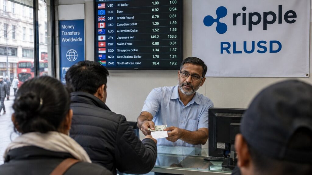 Medewerker van een geldtransferwinkel helpt een klant, met een banner met het Ripple-logo en RLUSD aan de muur