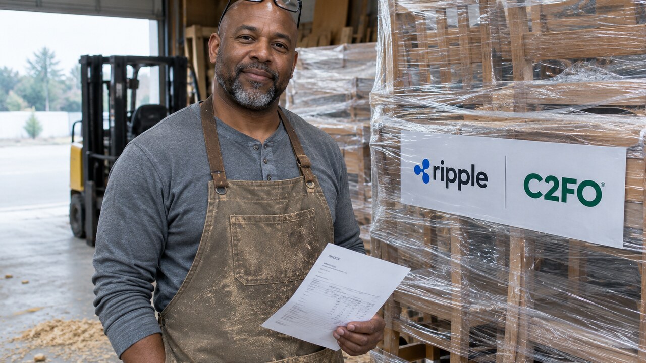 Meubelmaker in een werkplaats staat met een factuur naast verzendklare pallets met de logo's van Ripple en C2FO