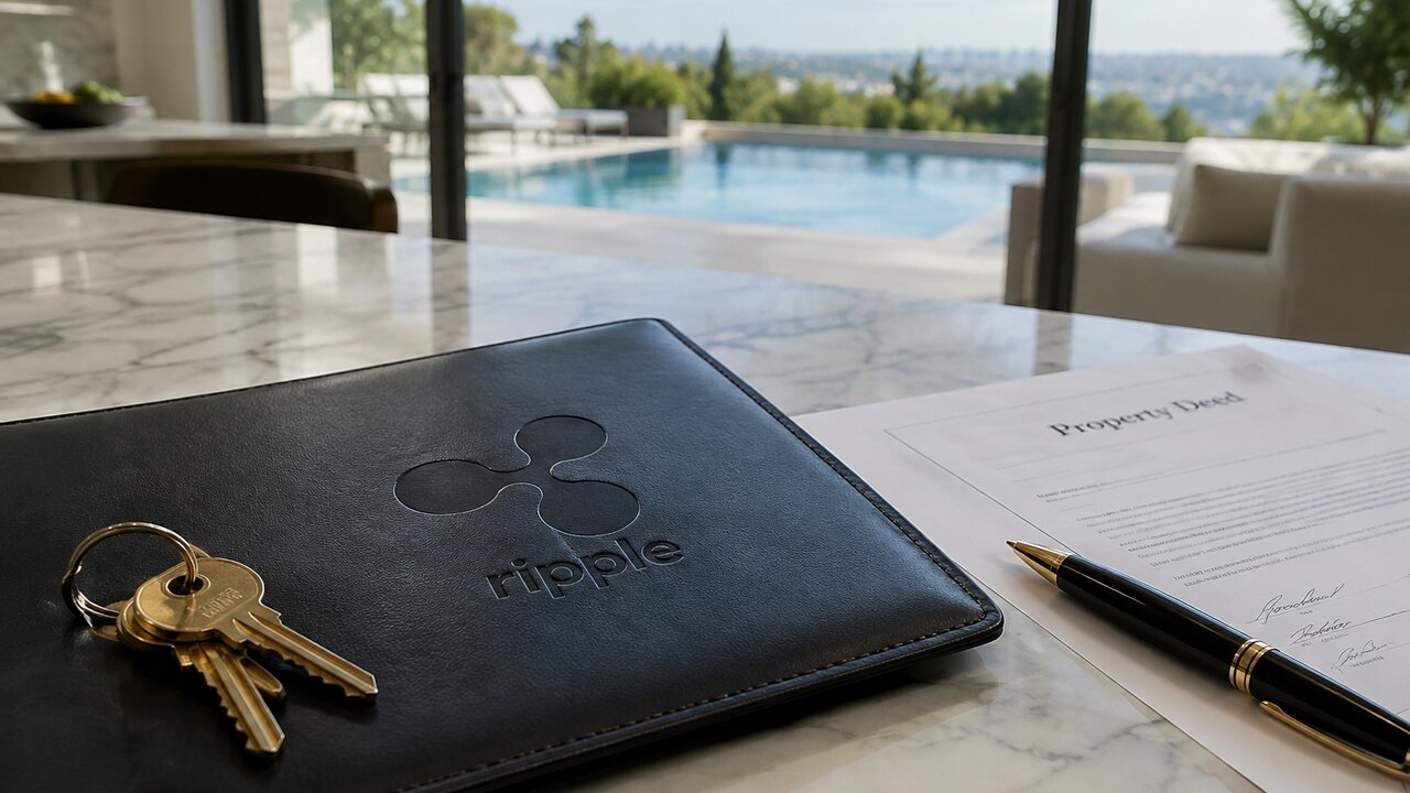Huissleutels op een map met het Ripple-logo op een marmeren keukeneiland in een luxe villa