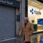 Gesloten bankfiliaal met neergelaten rolluik naast een verlichte etalage met het Ripple-logo in de avond, met een voorbijganger op straat