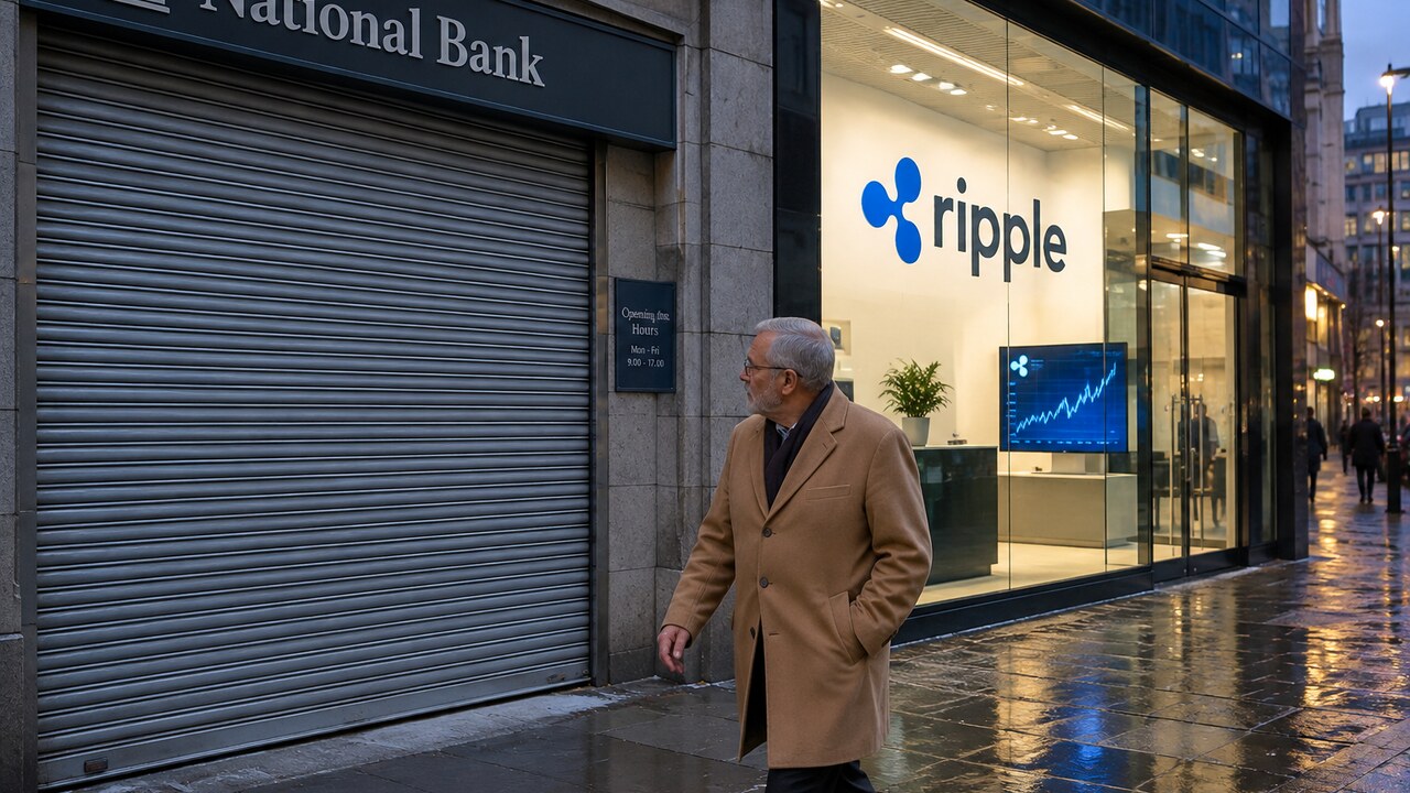 Gesloten bankfiliaal met neergelaten rolluik naast een verlichte etalage met het Ripple-logo in de avond, met een voorbijganger op straat