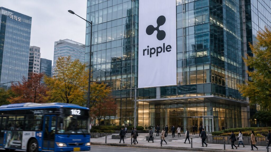 Glazen kantoortoren in het financiële district Yeouido in Seoul met een groot Ripple-banier op de gevel en voorbijgangers op straat