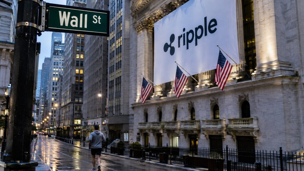 Een rustige Wall Street op zondagavond met een groot Ripple-banier aan een stenen gevel