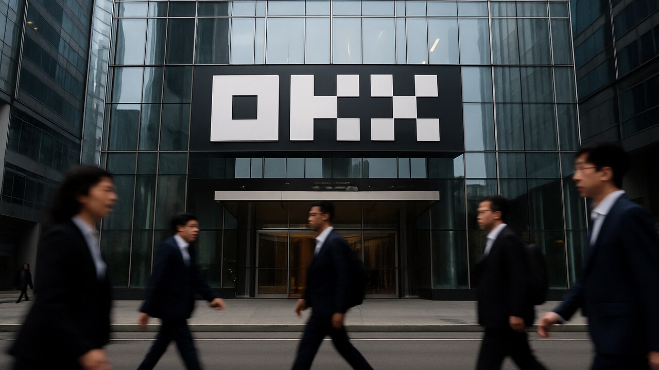 Gevel van een kantoortoren met groot OKX-logo boven de ingang, voetgangers lopen voorbij