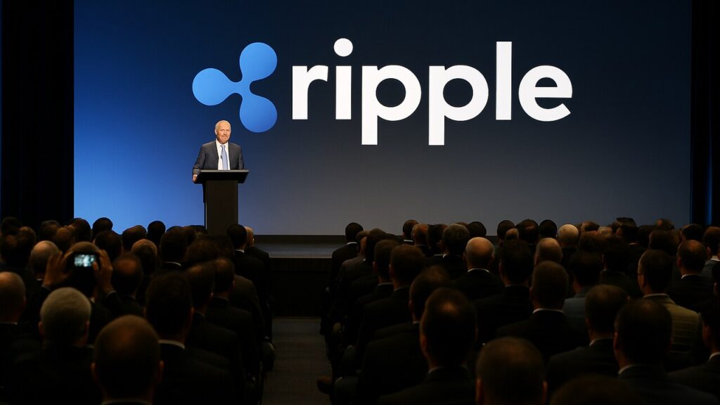 Volle conferentiezaal in New York met een groot Ripple-logo op het podium tijdens Swell