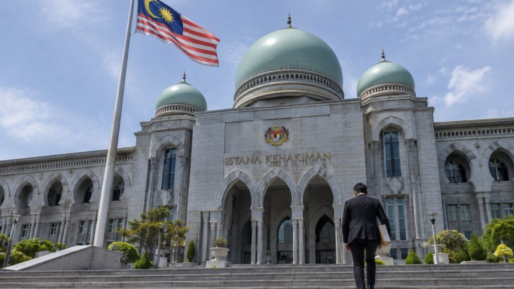 Het Paleis van Justitie in Putrajaya, Maleisië, met een Maleisische vlag en een advocaat met dossiermap op de trappen