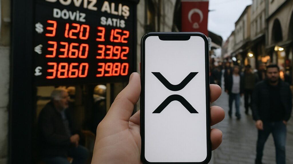 Hand met smartphone met Ripple-logo voor een wisselkantoor in Istanbul met lira-koersen