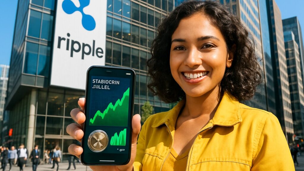 Vrouw met smartphone met groeiende stablecoin-balans voor een gebouw met groot Ripple-logo