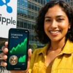 Vrouw met smartphone met groeiende stablecoin-balans voor een gebouw met groot Ripple-logo