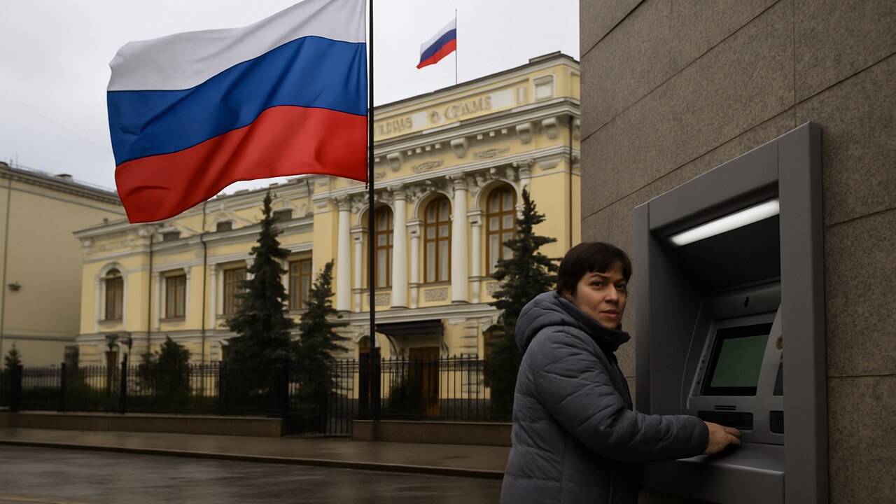 Russische vlag voor het gebouw van de Bank of Russia in Moskou, met op straat een vrouw bij een pinautomaat