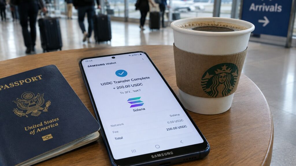 Samsung Galaxy-telefoon op een cafétafel op een luchthaven met Samsung Wallet en een USDC-overboeking via Solana, naast een paspoort en koffie