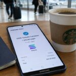 Samsung Galaxy-telefoon op een cafétafel op een luchthaven met Samsung Wallet en een USDC-overboeking via Solana, naast een paspoort en koffie