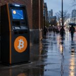Verlaten Bitcoin-geldautomaat met groot Bitcoin-logo op een natte stoep in de schemering, met voorbijgangers met paraplu op de achtergrond
