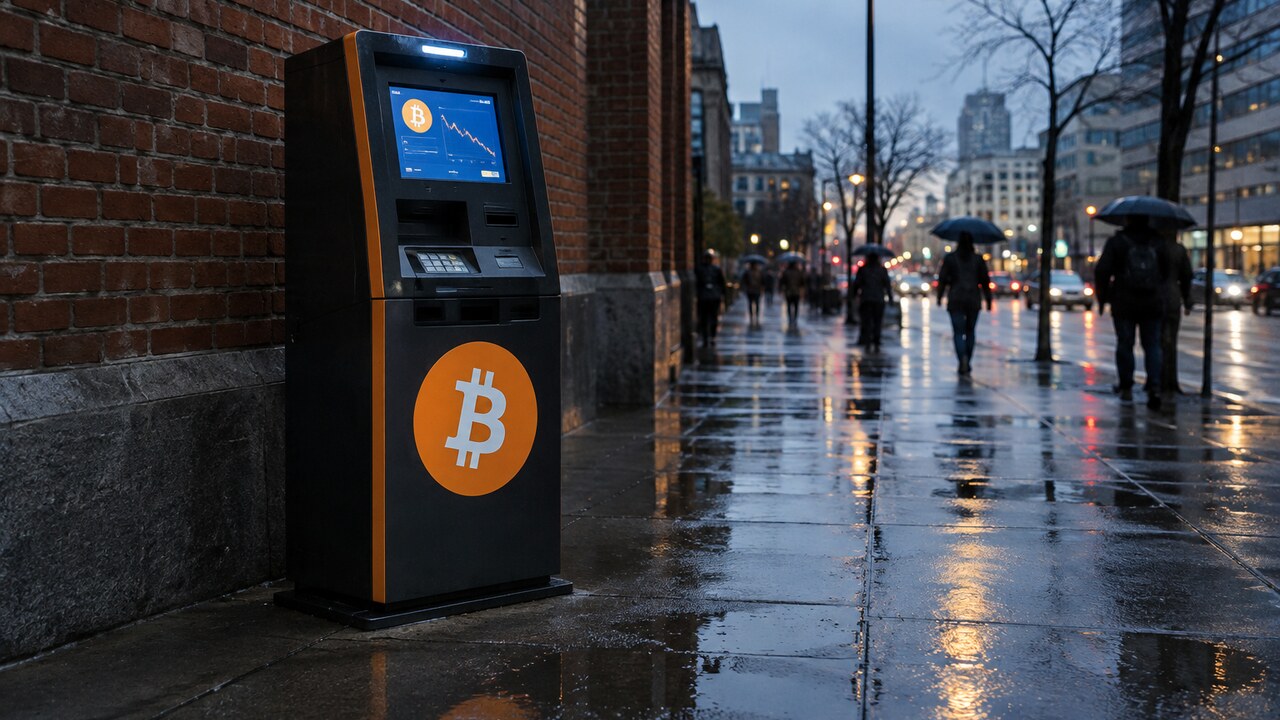 Verlaten Bitcoin-geldautomaat met groot Bitcoin-logo op een natte stoep in de schemering, met voorbijgangers met paraplu op de achtergrond