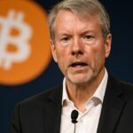Michael Saylor van Strategy spreekt op een podium met een groot Bitcoinlogo op de achtergrond