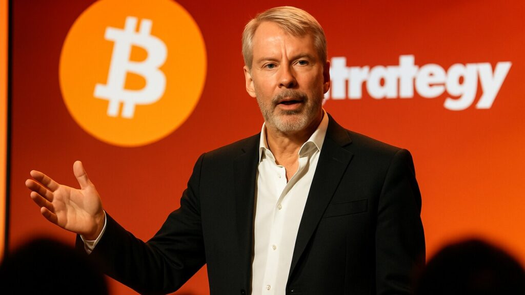 Michael Saylor spreekt op een podium met het Bitcoin-symbool en het Strategy-logo op een groot scherm achter hem