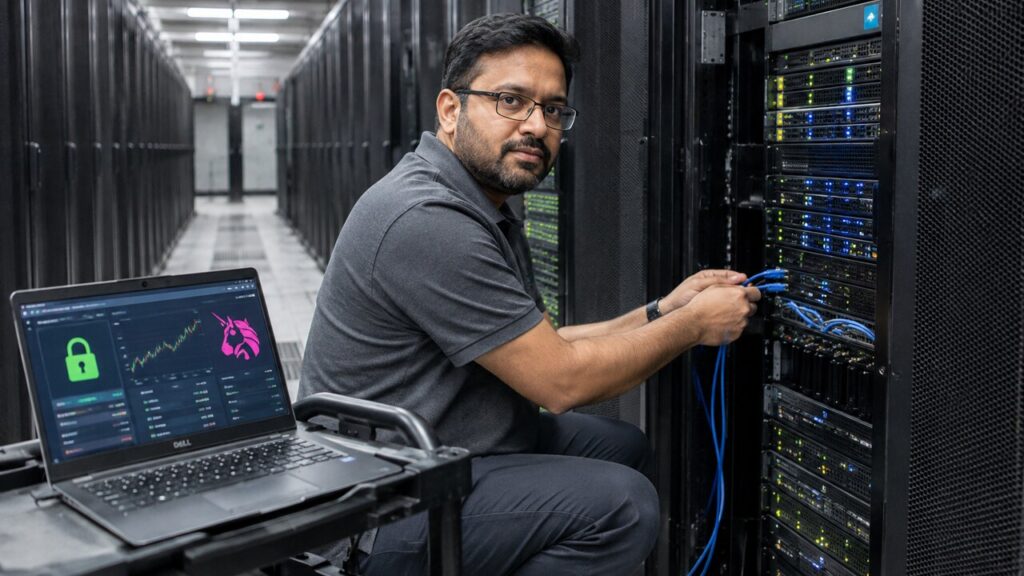 Technicus in een datacenter sluit een kabel aan op een serverrek, naast een laptop met een beveiligingsdashboard en het Uniswap-logo