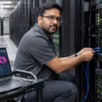 Technicus in een datacenter sluit een kabel aan op een serverrek, naast een laptop met een beveiligingsdashboard en het Uniswap-logo