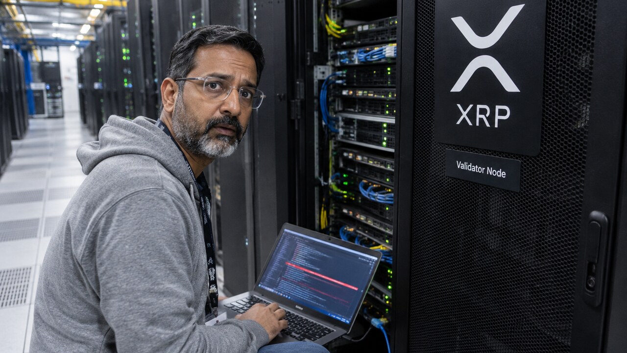 Beveiligingsengineer knielt in een datacenter naast een serverrack met een groot XRP-logo en controleert code op een laptop