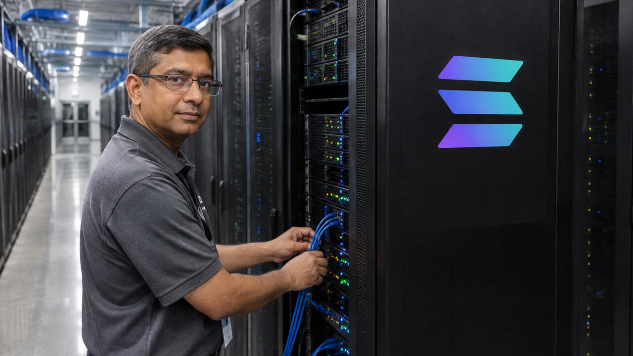Technicus sluit een kabel aan in een datacenter bij een serverrek met een verlicht Solana-logo