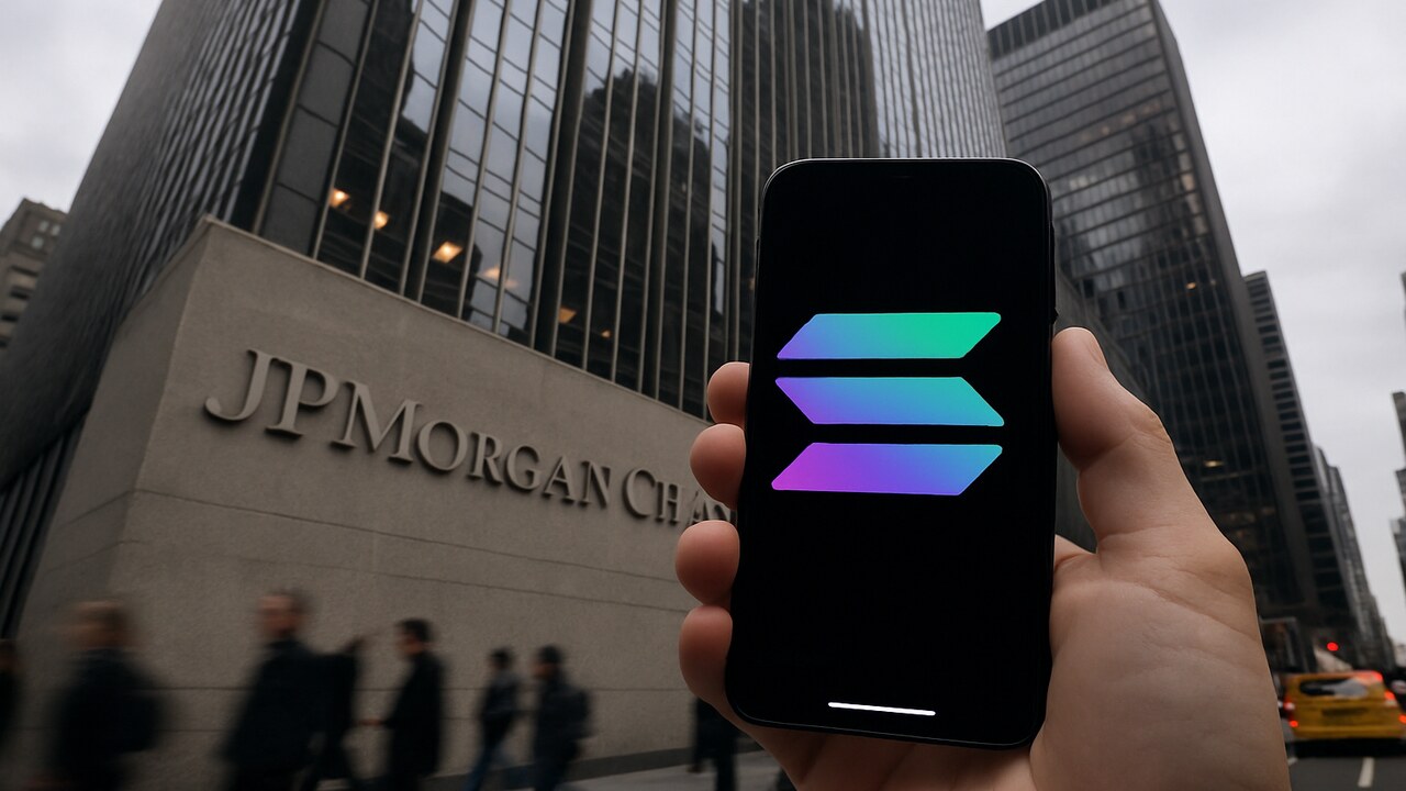 Hand met smartphone met het Solana-logo voor het hoofdkantoor van JPMorgan Chase in New York