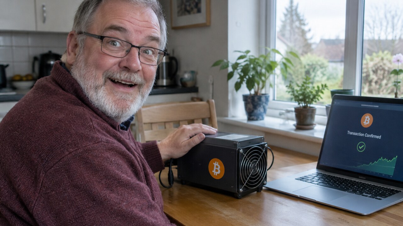 Oudere man met grijze baard zit verrast aan de keukentafel naast een kleine Bitcoin-thuisminer