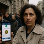Rij ongeruste mensen voor een bankgebouw, een vrouw op de voorgrond toont een geldoverboeking op haar telefoon