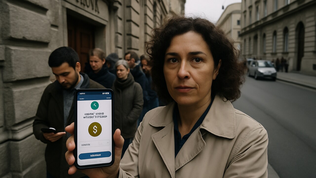 Rij ongeruste mensen voor een bankgebouw, een vrouw op de voorgrond toont een geldoverboeking op haar telefoon