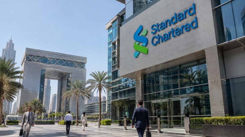 Gevel van een Standard Chartered-gebouw in het financiële centrum van Dubai met een groot bankslogo, palmbomen en voorbijgangers in de middagzon