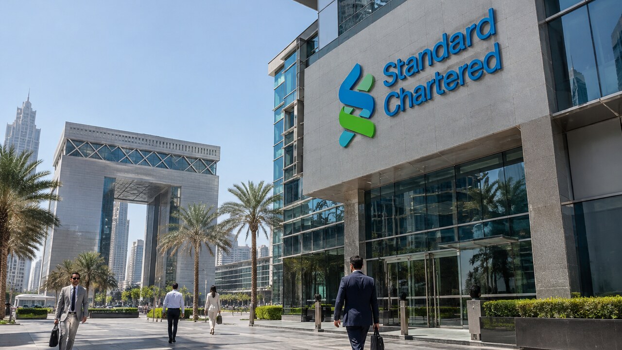 Gevel van een Standard Chartered-gebouw in het financiële centrum van Dubai met een groot bankslogo, palmbomen en voorbijgangers in de middagzon