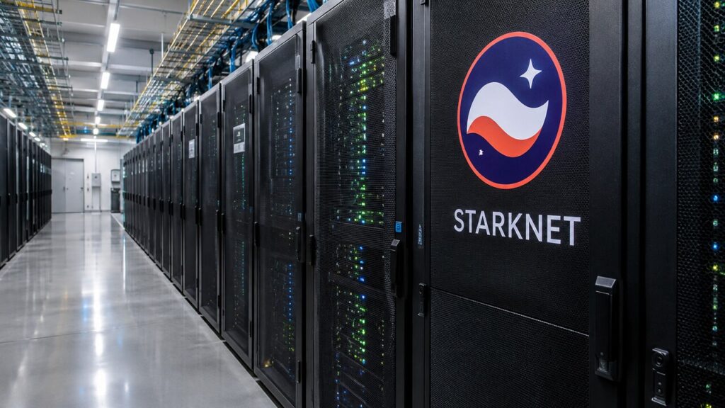 Gang in een datacenter met serverkasten, op de voorste kast prijkt groot het Starknet-logo