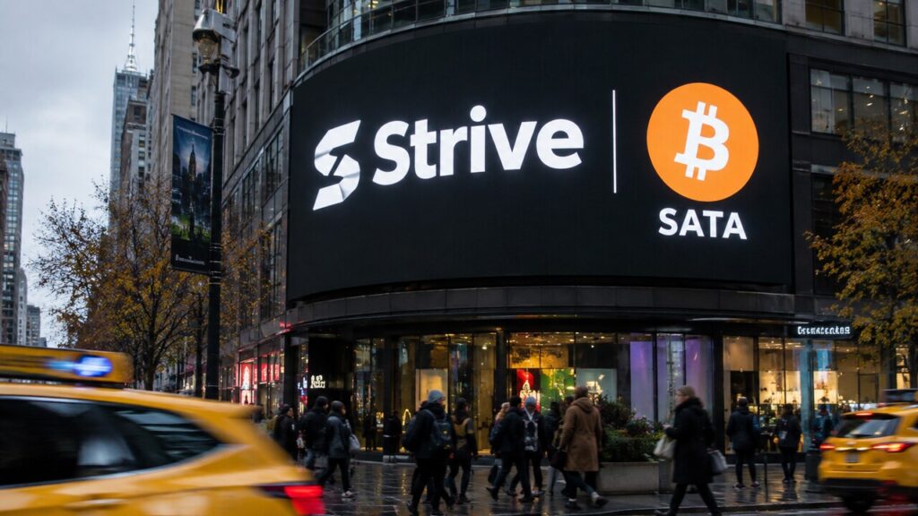 Groot digitaal reclamescherm in een stadsstraat met het Strive-logo, een Bitcoin-symbool en de ticker SATA, voorbijgangers in de schemering