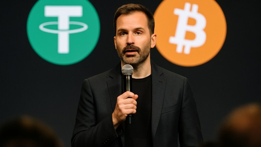 Tether-topman Paolo Ardoino spreekt op een podium voor een scherm met de logo's van Tether en Bitcoin