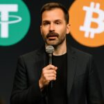 Tether-topman Paolo Ardoino spreekt op een podium voor een scherm met de logo's van Tether en Bitcoin