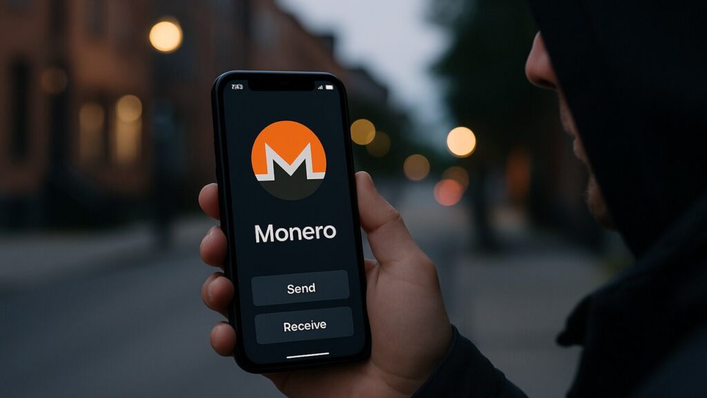 Hand met een smartphone op straat waarop een wallet-app met het Monero-logo te zien is