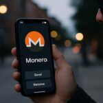 Hand met een smartphone op straat waarop een wallet-app met het Monero-logo te zien is