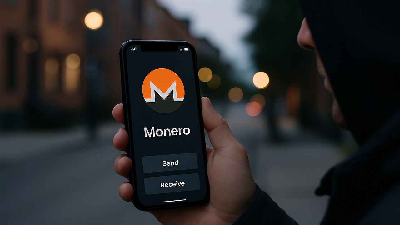 Hand met een smartphone op straat waarop een wallet-app met het Monero-logo te zien is