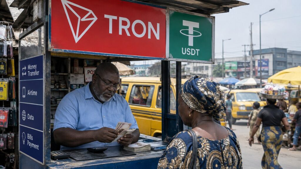 Druk geldwisselkantoor op een markt in Lagos met een groot TRON-logo en een USDT-bord boven de toonbank