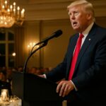 Donald Trump spreekt op een podium tijdens een chic galadiner met gedekte tafels en gasten