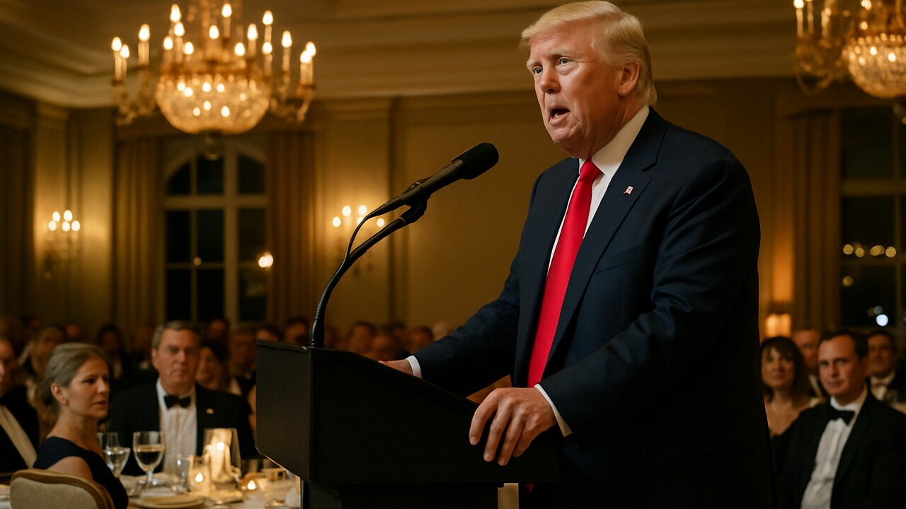 Donald Trump spreekt op een podium tijdens een chic galadiner met gedekte tafels en gasten