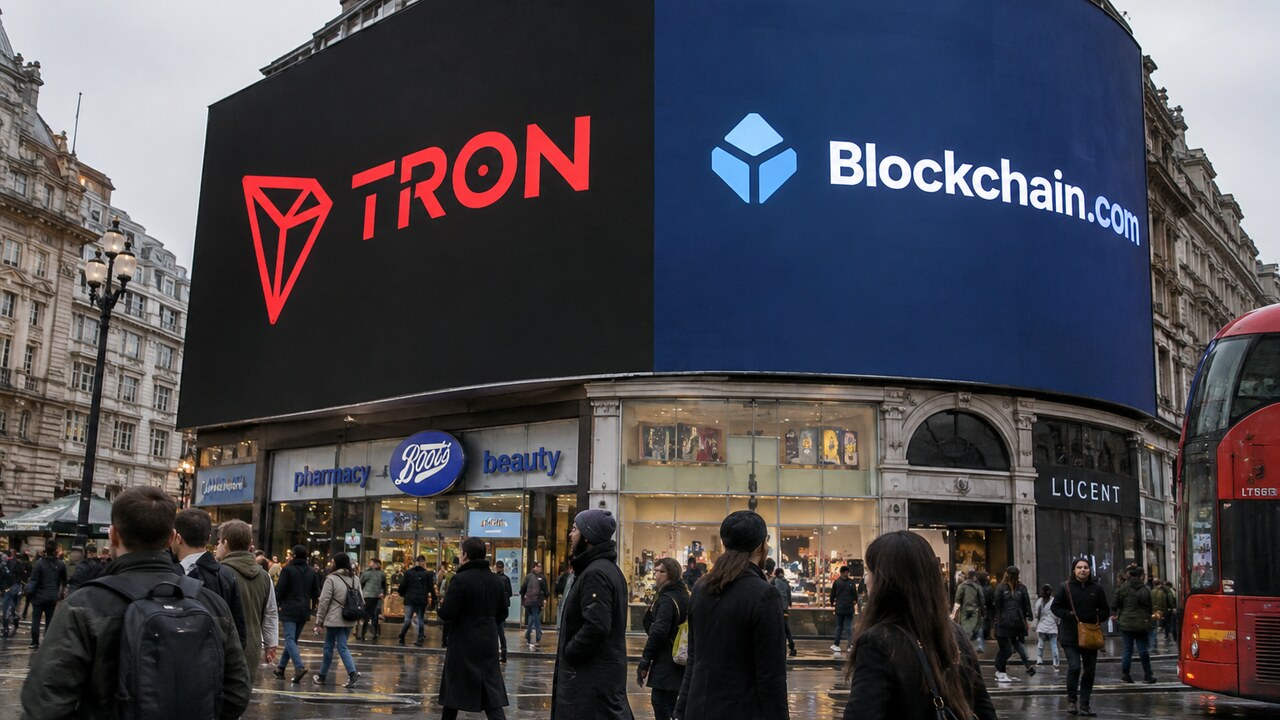 Digitaal reclamebord in een Londense winkelstraat toont het rode Tron-logo naast het Blockchain.com-logo boven voorbijgangers